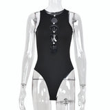 Women Fashion Hollow Out Sleeveless Bodycon Bodysuits Sexy Buttons Slim Playsuits 2021 Summer Autumn Y2K Clothes