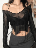 Sheer Mesh Lace Up Blouse-Outfit