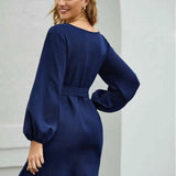 Chiffon solid color plus size loose simple lantern sleeve dress belt slim temperament women's clothing 2020