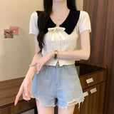 Fongt Bow Hit Color Doll Cardigan Knitted Women's Summer Little Yang Short