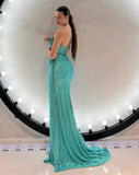 Blue Rhinestone Crop Corset And Maxi Slit Skirt Set-Outfit