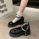 Fongt Mary Jane Women 2025 New Round Head Thick-Shoe White Pearl Bow With Skirt Thick-Soled Single Shoe