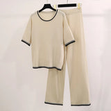 Fongt Simple Fashion Round-Neck Short-Sleeved Knitted Shirt High Waist Thin Trousers Pit Knitted Two-Piece