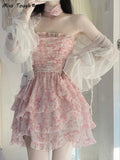 Lace Floral Fairy Dress Women Korean Fashion Strap Sexy Party Mini Dress Female Designer Ruffle Flounce Sweet Dress