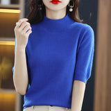 Fongt And Summer Loose And Versatile Wool Knit Short Sleeve Women Plus-Size Round-Neck Solid Color Bottom Knit T-Shirt Thin-Outfit
