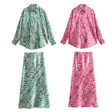 Spring Style Silk Satin Loose Shirt Printed Flute Skirt Set-Outfit