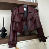Hot Selling 2024 Fall / Winter Fashion New Vintage Leather Biker Jacket Red Brown Jacket Female-Outfit