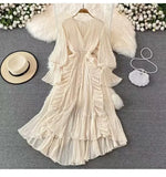 Fongt Fairy Seaside Holiday Chiffon Dress Female Lotus Lace V Collar Temperament Folded Waist Thin Swing Dress