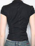 Fongt Hottie Wind Depth V Collar Striped Shirt Two Buckle Cardigan Waist Type Short-Sleeved Commuting Base Suit