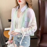 Summer Women Sunscreen Clothes Rainbow Shirt Thin Loose Lady Chiffon Blouses Lace-up Long-sleeve Elegant Tops Short