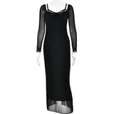 Fongt Women's Dress 2025 Spring Sexy Hottie Long-Sleeved Mesh Fashion Temperament To Open Fork Long Dress