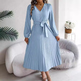 Autumn And Winter Temperament Elegant V-Neck Button Tie With Big Swing 100 Folds Long Dress Dress Women's