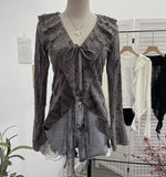 Dark Wind To Make Old Hole Horn Long Sleeve Open Shirt Tie With Lotus Leaf Side V Collar Sunscreen Shirt