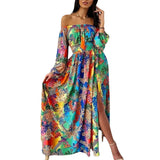 Fongt New Evening Dress Print Dress V Collar Retro Long Sleeves Open Fork