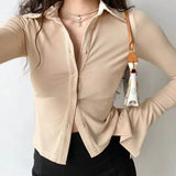 Fongt Polo Collared Horn Sleeve Shirt Slim Slim Elastic Long-Sleeved
