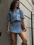 Hot Style Double Front V Collar Head Short Denim Shirt High Waist Denim Skirt Suit-Outfit
