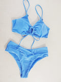 Fongt New Multi-Color Pure Color Lace Hanging Neck Bow Split Swimsuit Women's Feel