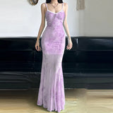 Fongt Chinese Chinese Light Green Shoulder Butterfly Print Fishtail Sling Skirt Sexy Hip Through Mesh Dress