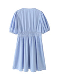 Fongt 2025 New Fashion Design Bow Deep V-Neck High-Waisted Lantern Sleeve Short A-Shaped Dress