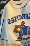 Grey Letter Bear Printing Pullover Sweater Female Loose O-Neck Long-sleeved Knitted Tops Women Autumn and Winter