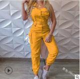 Fongt Women's Work-Packed Pocket Design Jumpsuit Sleeveless Backs And Trousers Simple Restraints Trousers +