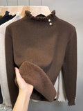 Wool Coat Female Autumn Winter New Women's Warm Simple Half High Collar Inside The Set Soft Waxy Knit Bottom Shirt-Outfit