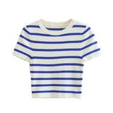 New Short Style Slim Short-Sleeved Striped Knitted Blouse In Autumn-Outfit