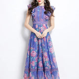 Fongt Elegant Dress 2025 New Retro Lace To Receive Waist Temperament Print Lotus Leaf Side Long Dress Woman