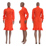 Fongt New Women's Solid Color High Collar Flounce Handmade Knitted Dress-Outfit