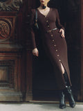 Fongt Long-Sleeved Knitted Dress Button-Button Fork 2024 Bag-Button Sweater Cardigan
