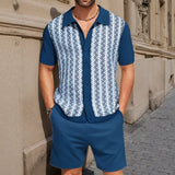 Fongt Men's Casual Jacket Knitted T-Shirt Set Cardigan Knitted Short-Sleeved Shorts Two-Piece Set