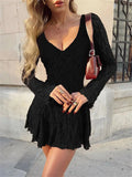 Lace Long Sleeve Hollow Out V-Neck Mini Dress-Outfit