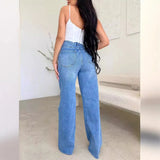 Fongt Stand Hole Denim Trousers Women High-Waisted Loose Straight-Lens Wide-Legged Trousers