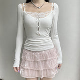 Sexual Wind Lace Splicing Bow Hollowed-Out Long-Sleeved Knitted T-Shirt A Variety Of Thin Solid Color Blouse-Outfit