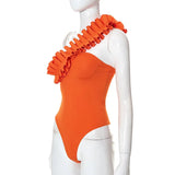 Sexy Ruffles Slant Shoulder Cut Out Bodysuits Women Sleeveless Solid White One Piece Rompers 2022 Summer Beach Holiday