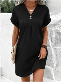 Fongt Women's 2025 New V-Neck Solid Color Jacket Comfortable Casual Button Dress