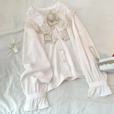 Vintage Lolita Blouses Women White Kawai Lace Peter Pan Collar Rose Bow Chiffon Shirts Black Elegant Long Sleeved Top-Outfit