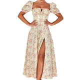 Fongt Women's New Floral Square Collar Sexy Slit Big Swing Autumn And Winter Dress