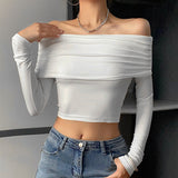 White Long Sleeve Off Shoulder Y2K Top-Outfit