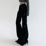 Tie With Hot Girls Multi-Pocket Design Fashion Jeans 2024 Casual Solid Color Button Flared Trousers-Outfit