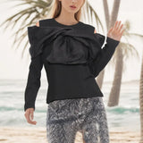 Fongt 2024 New Splice Bow Small Design Sense Black Long-Sleeved T-Shirt Female Careful Machine Off The Shoulder Coat-Outfit