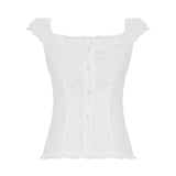 Fongt Girl Age-Sensitive French Retro Checkered Low-Chest Shoulder Short-Sleeved T-Shirts Single-Breasted Buckle Thin Top
