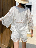 Fongt Hollow Famous Lady Small Fragrant Suit Female Design Sense French White Lace Shirt South Oil Women's Summer