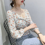 Summer Floral Crop Top Women Slim V Neck Long Sleeve Pleat Blusas Chiffon Shirts Korean