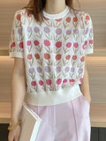 Summer Flower Ice Silk Short Sleeve Sweater Women Thin O Neck Top Knitted Pullover Female Korean Fashion Clothes Pull