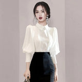 Cotton Women's Blouse Fashion White OL Shirt Summer Puff Sleeve Top Elegant Spring Female Clothing Turn-down