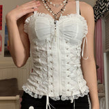 Lace Up Ruffle Jacquard Mesh Top-Outfit