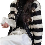 Fongt Waxy Small Fragrant Wind Sweater Coat Female 2024 New Design Sense Small Black And White Striped Knit Cardigan Short Female-Outfit