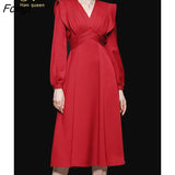 Han Queen Women's 2020 Autumn OL Work Dress Puff Sleeve Simple Slim A-Line Business Casual Dresses Korean Occupation
