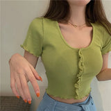 Summer Crop Tops Women Sexy Short Sleeve Rib Knitted Top with Buttons Streetwear Solid Casual